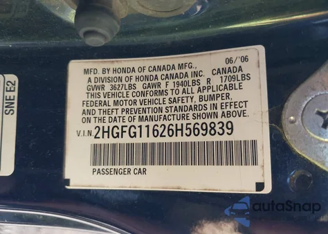 2006 Honda Civic Lx from USA, damaged, VIN 2HGFG11626H569839